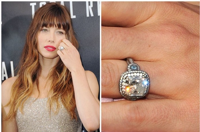 Jessica Biel's engagement ring seen while touching her hair 